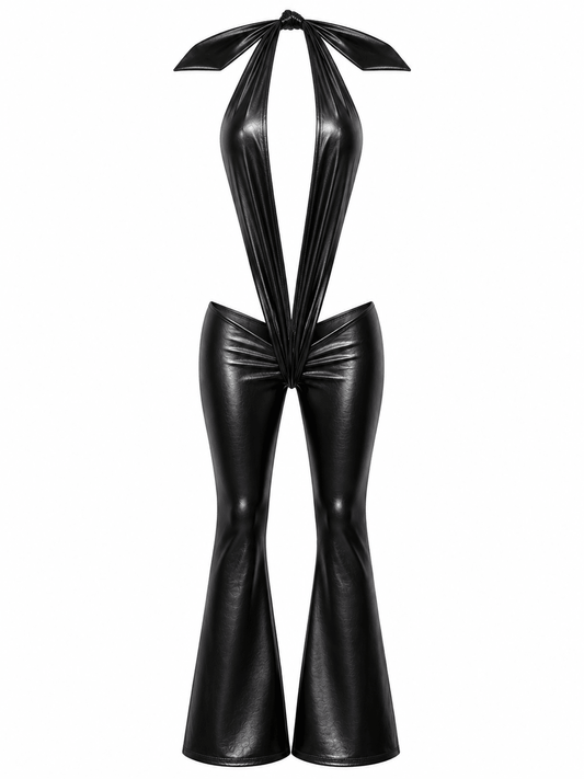 BLACK LEATHER V JUMPSUIT - SWEET TALK